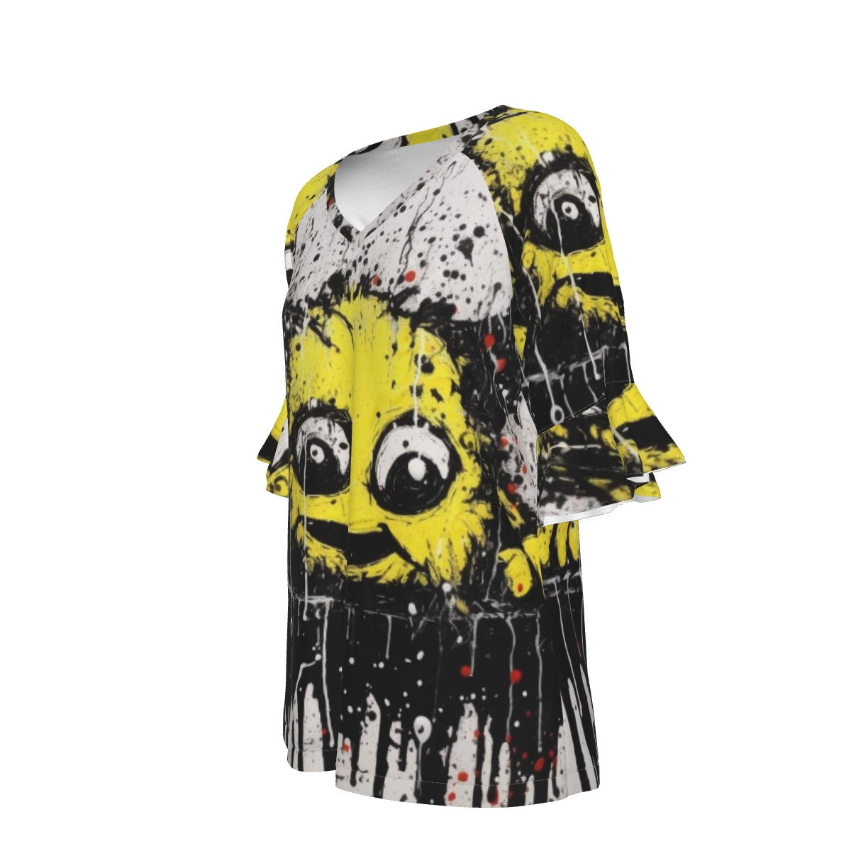 All-Over Print V-neck Women's T-shirt With Bell Sleeve