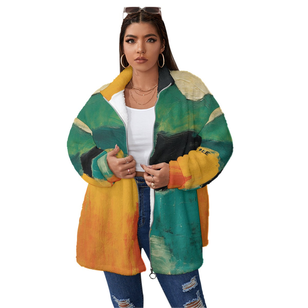 All-Over Print Unisex Borg Fleece Stand-up Collar Coat With Zipper Closure(Plus Size)