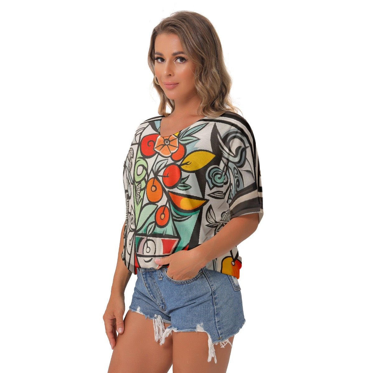 All-Over Print Women's Bat Sleeves V-Neck Blouse