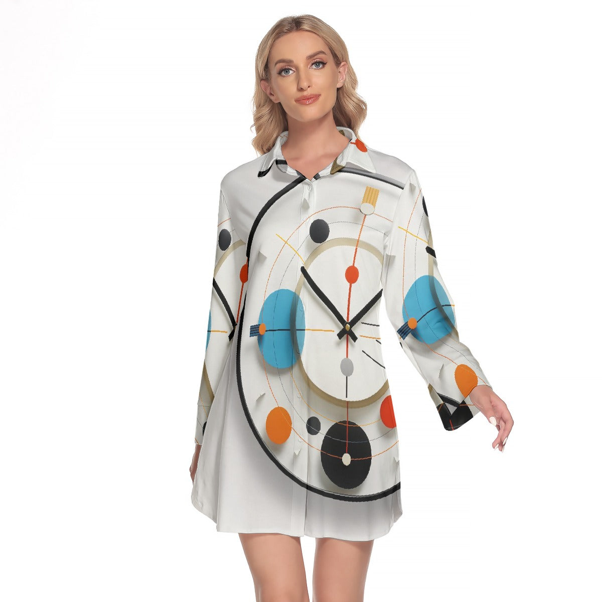 All-Over Print Women's Lapel Shirt Dress With Long Sleeve