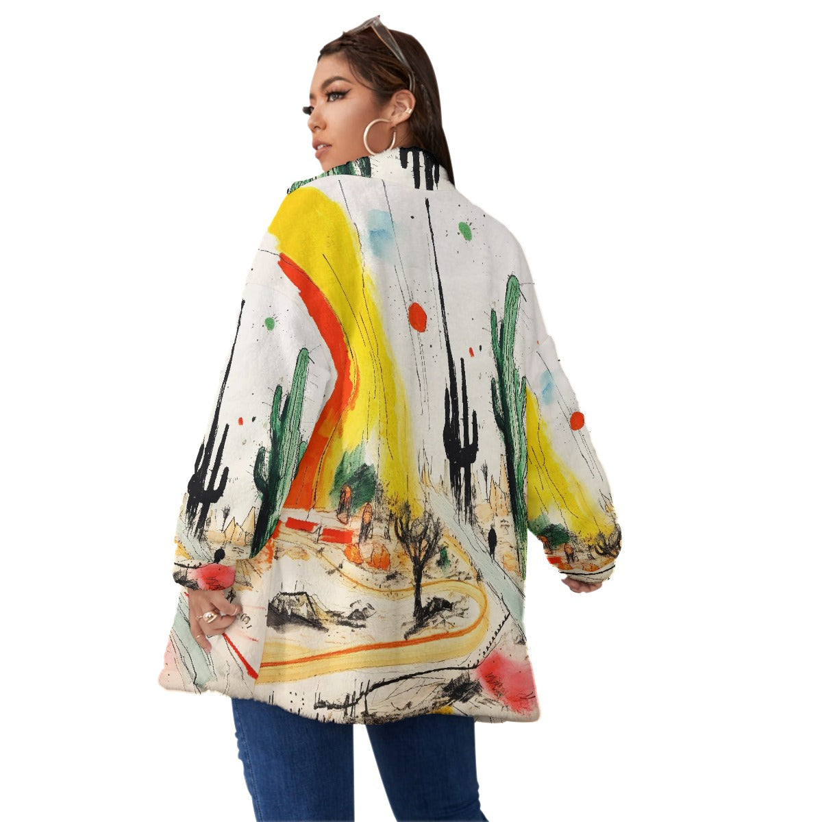 All-Over Print Unisex Borg Fleece Stand-up Collar Coat With Zipper Closure(Plus Size)