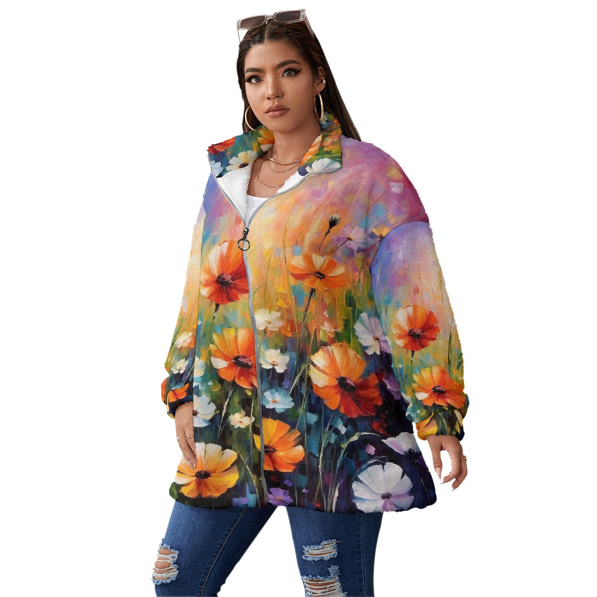 All-Over Print Unisex Borg Fleece Stand-up Collar Coat With Zipper Closure(Plus Size)