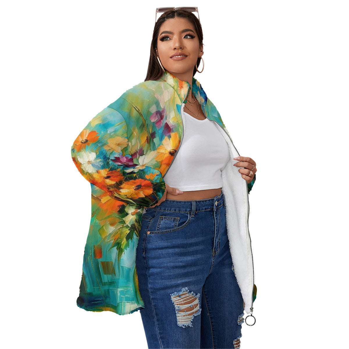 All-Over Print Unisex Borg Fleece Stand-up Collar Coat With Zipper Closure(Plus Size)