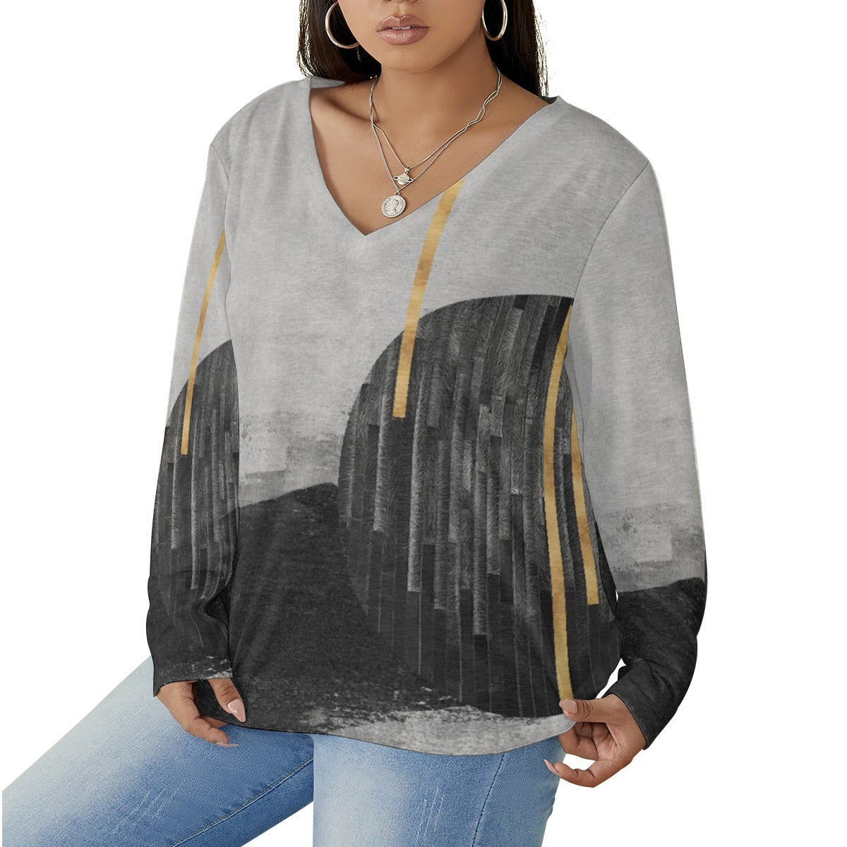 All-Over Print Women's V-neck T-shirt With Curved Hem(Plus Size)