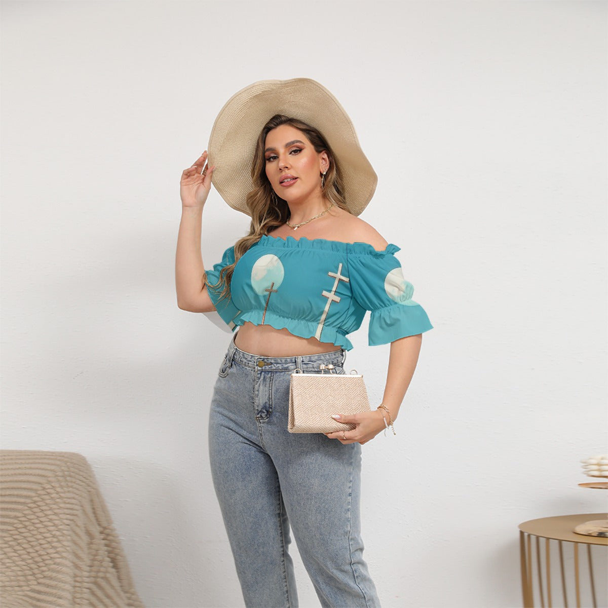 All-Over Print Women's Off-shoulder Cropped Top With Short Puff Sleeve