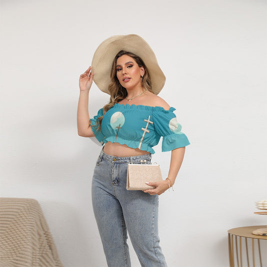 All-Over Print Women's Off-shoulder Cropped Top With Short Puff Sleeve