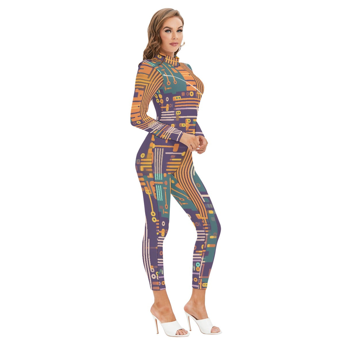 All-Over Print Women's Long-sleeved High-neck Jumpsuit With Zipper