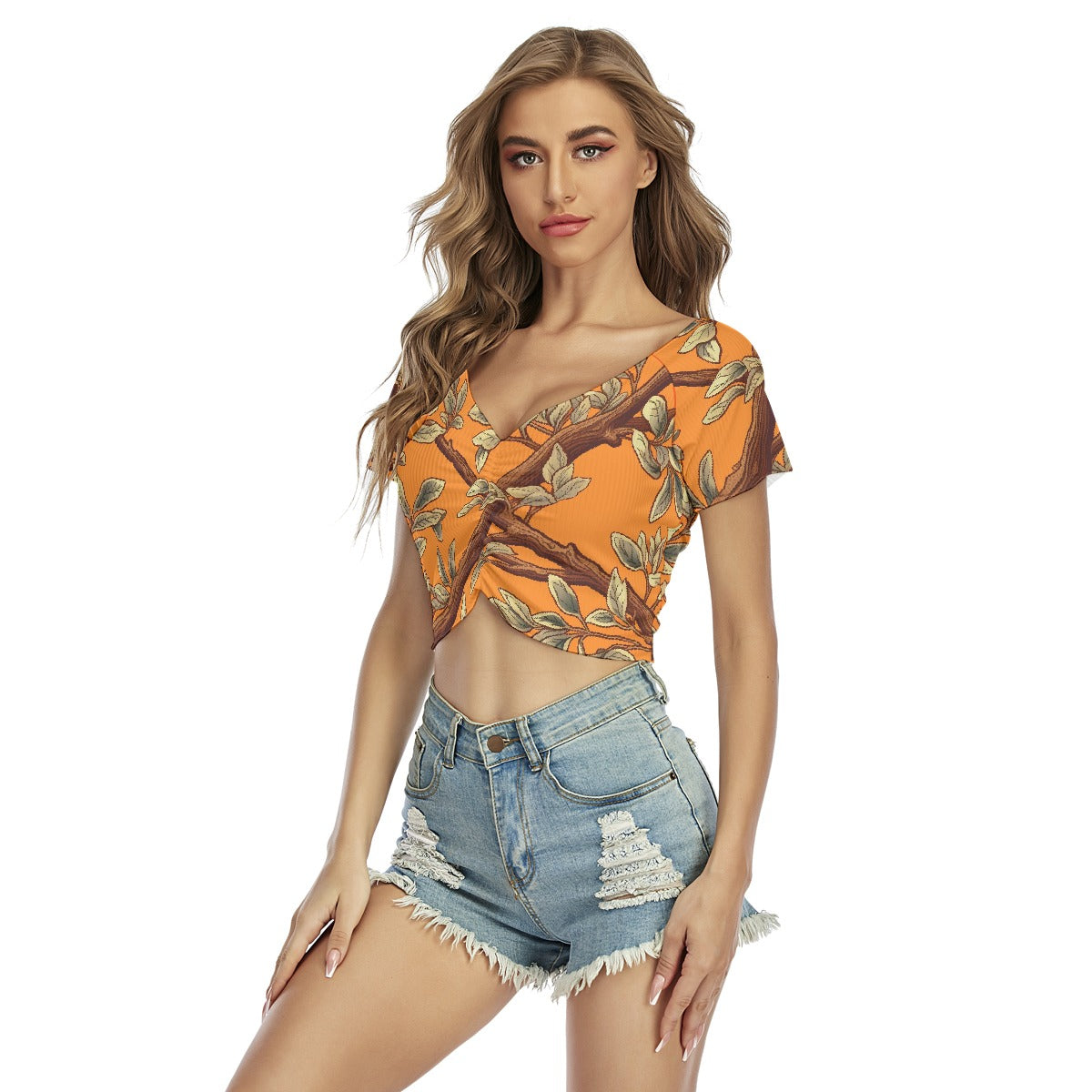 All-Over Print Women's Raglan Drawstring Front  Crop Tee