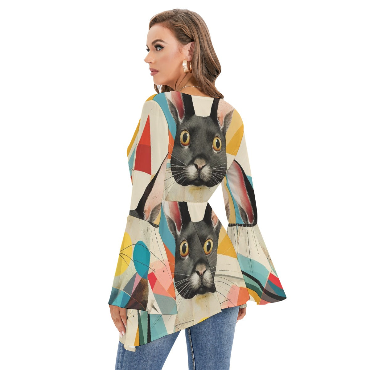 All-Over Print Women's V-neck Blouse With Flared Sleeves