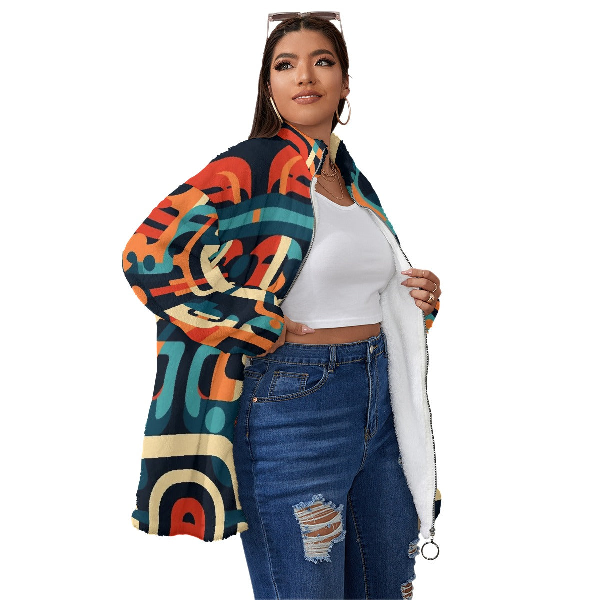 All-Over Print Unisex Borg Fleece Stand-up Collar Coat With Zipper Closure(Plus Size)