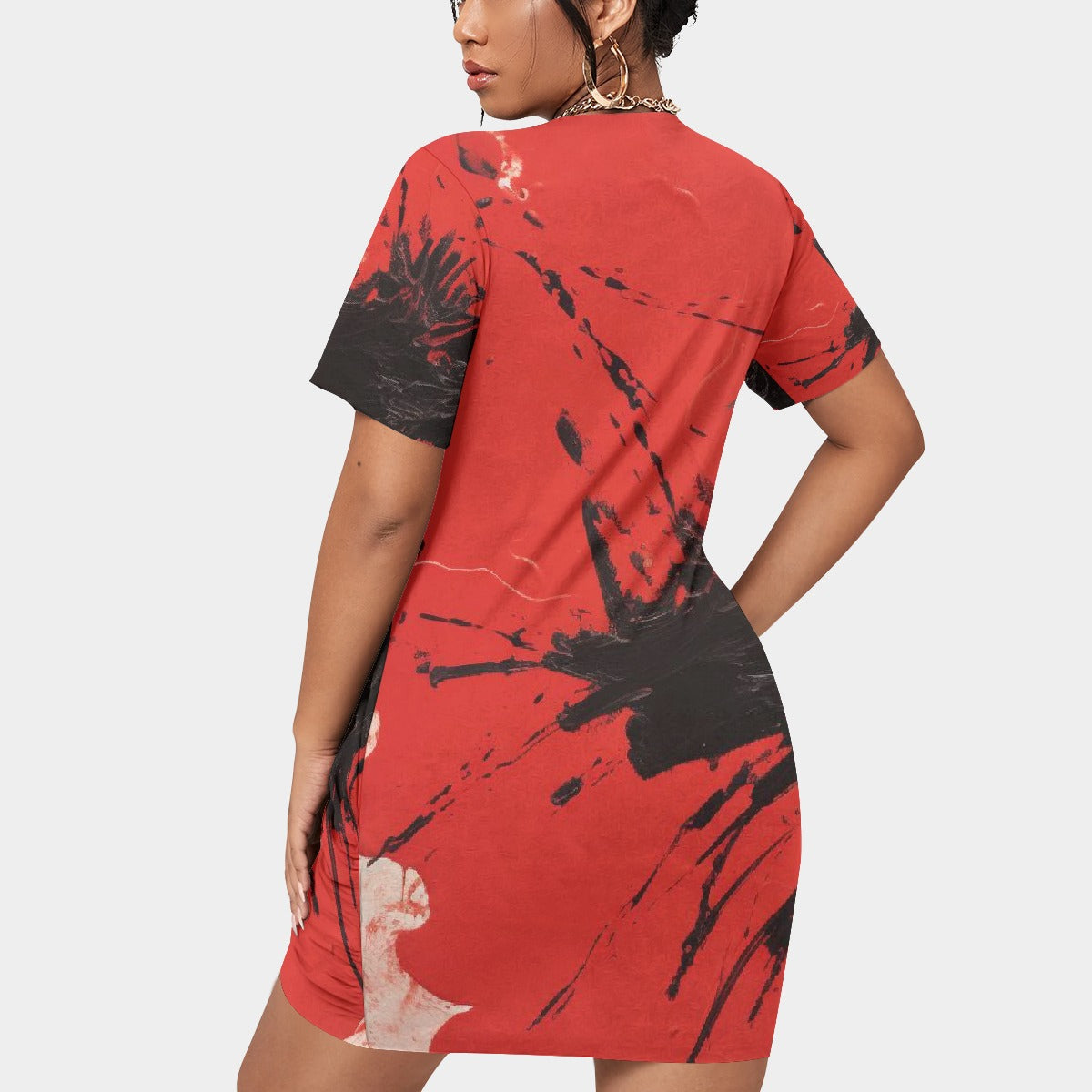 All-Over Print Women’s Stacked Hem Dress With Short Sleeve（Plus Size）