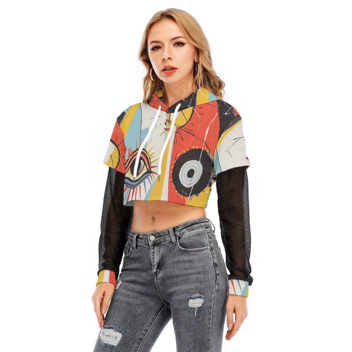 All-Over Print Women's Fake Two-piece Mesh Sleeve Cropped Hoodie