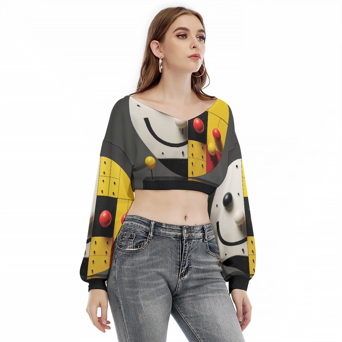 All-Over Print Women's V-neck Long Sleeve Cropped Sweatshirt
