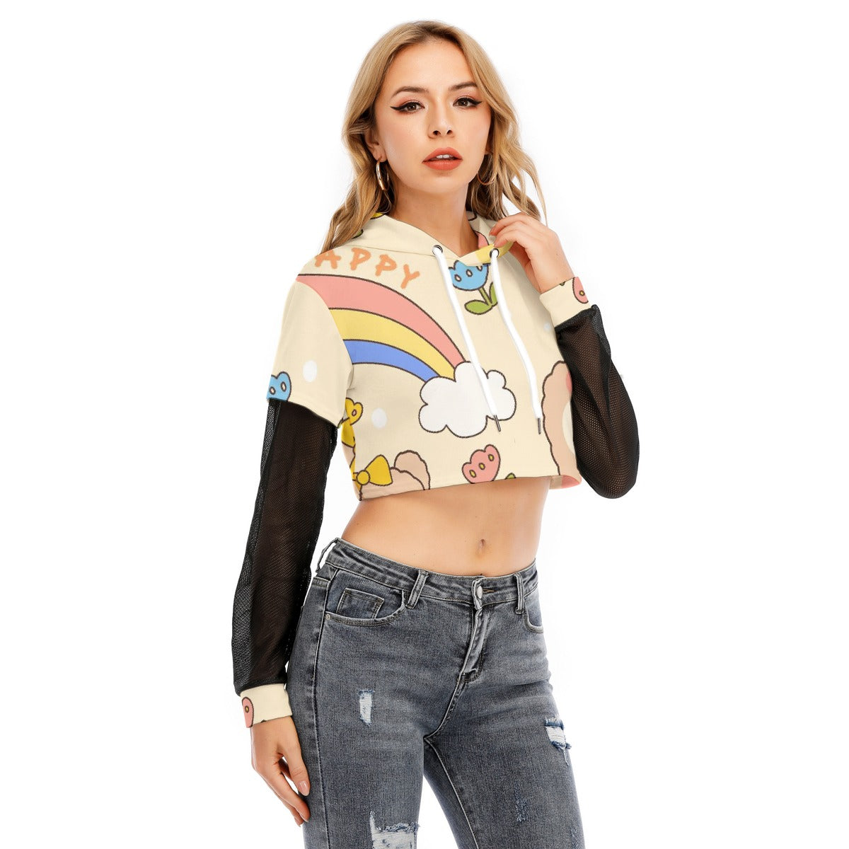 All-Over Print Women's Fake Two-piece Mesh Sleeve Cropped Hoodie