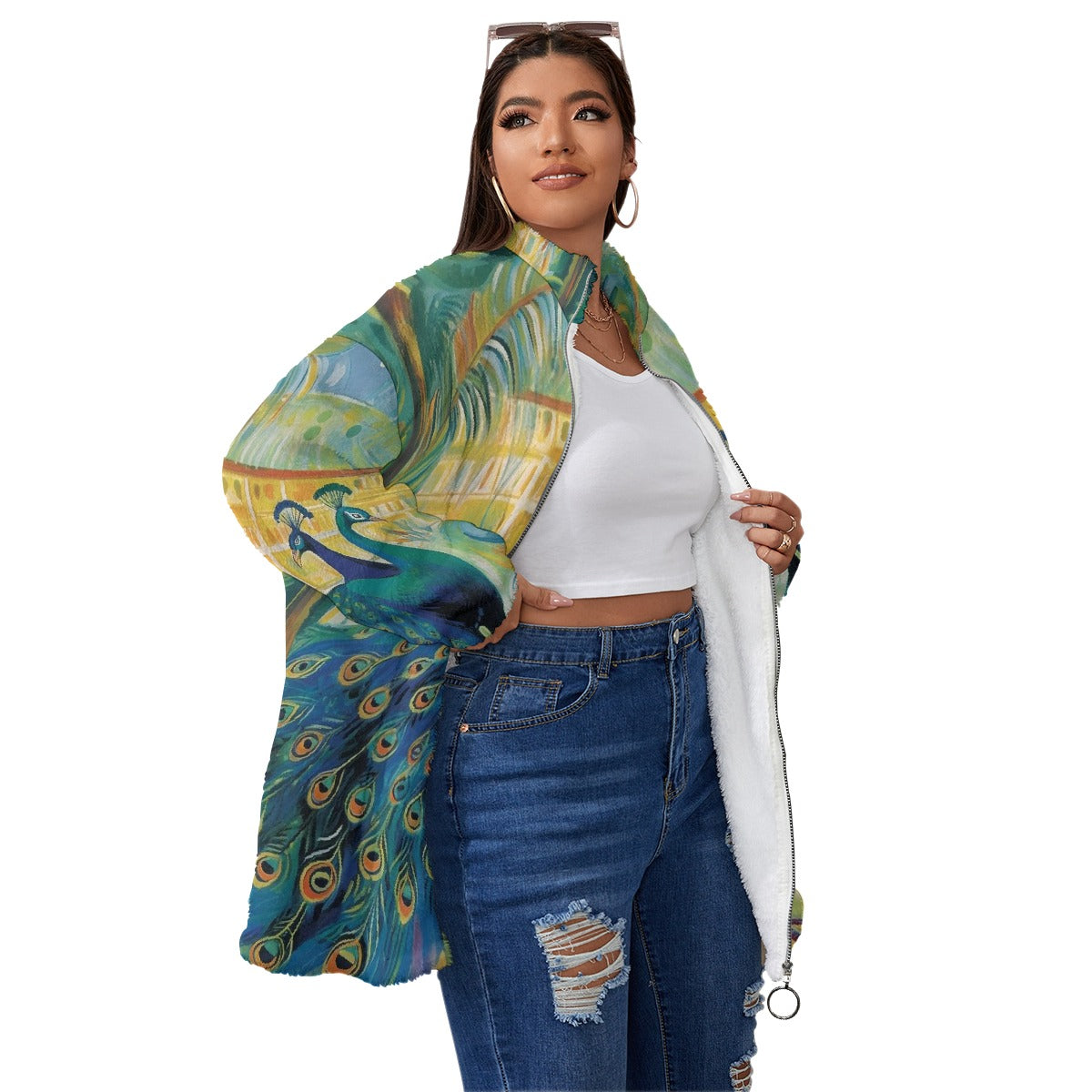 All-Over Print Unisex Borg Fleece Stand-up Collar Coat With Zipper Closure(Plus Size)