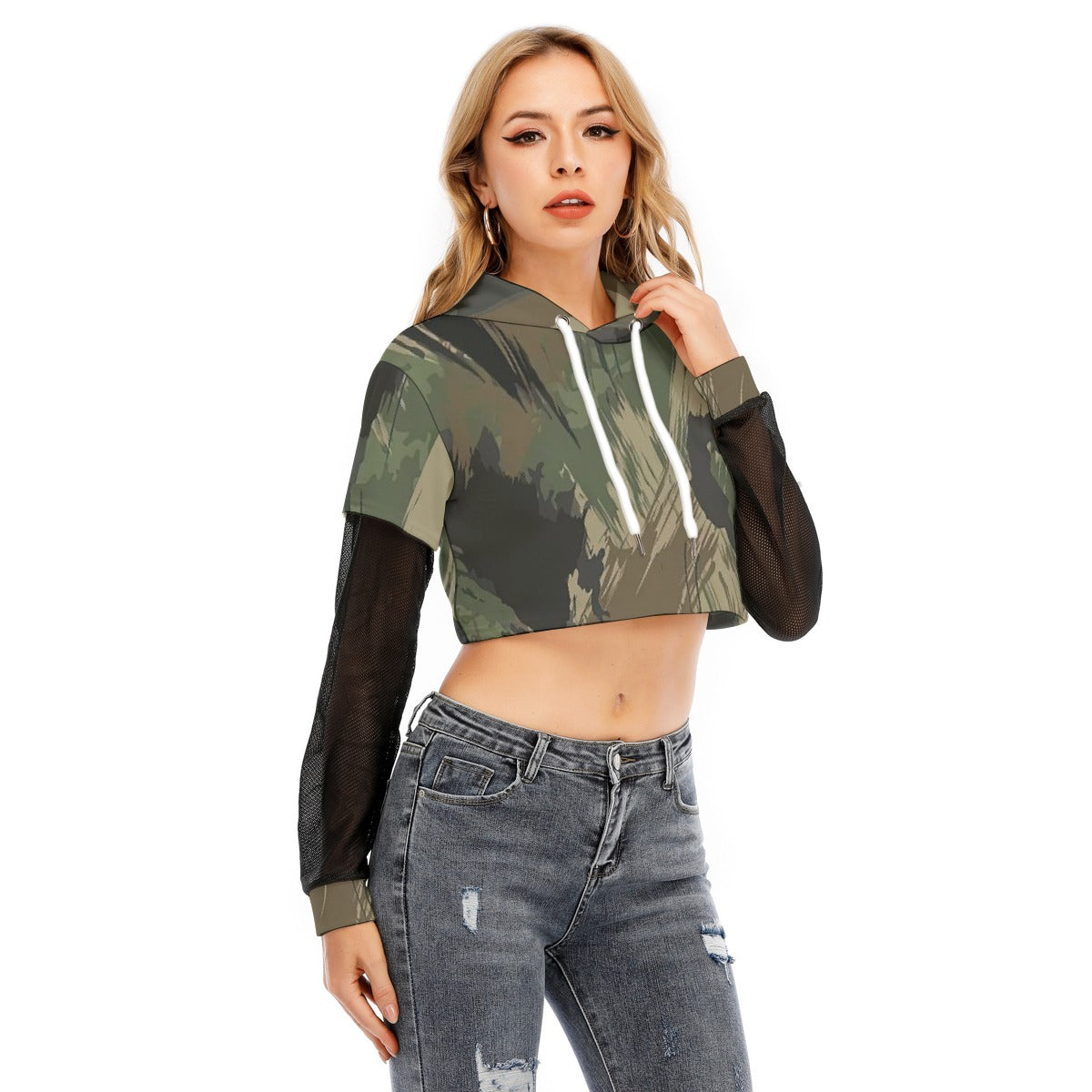 All-Over Print Women's Fake Two-piece Mesh Sleeve Cropped Hoodie