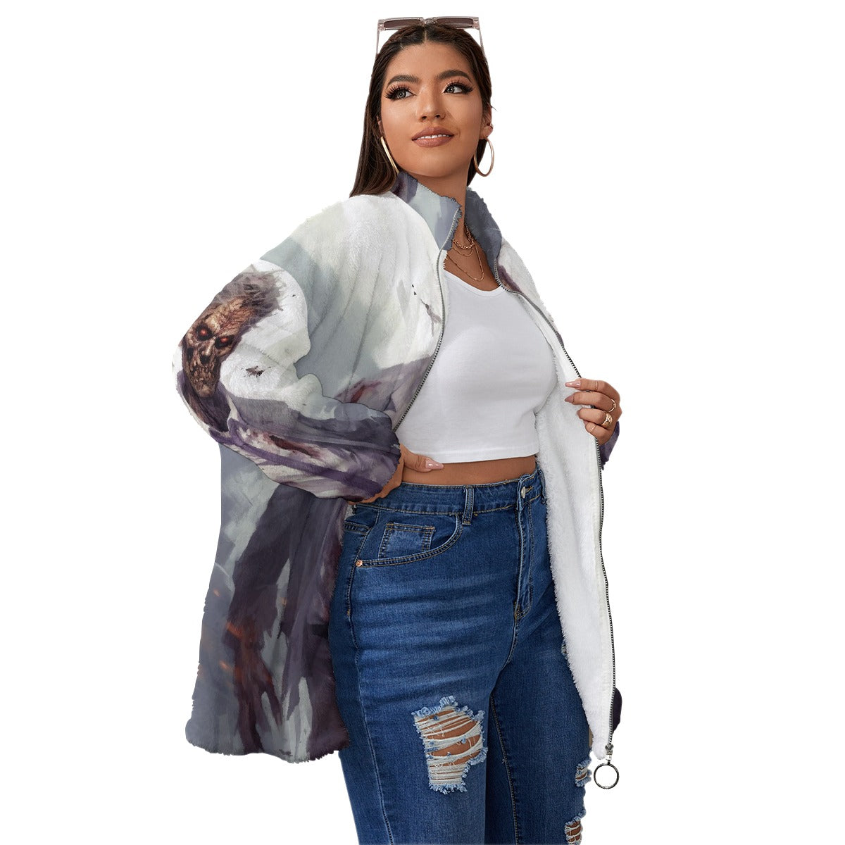 All-Over Print Unisex Borg Fleece Stand-up Collar Coat With Zipper Closure(Plus Size)