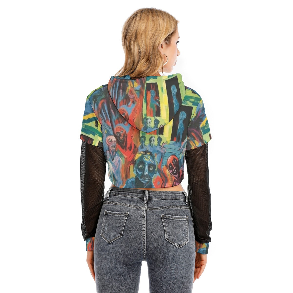 All-Over Print Women's Fake Two-piece Mesh Sleeve Cropped Hoodie