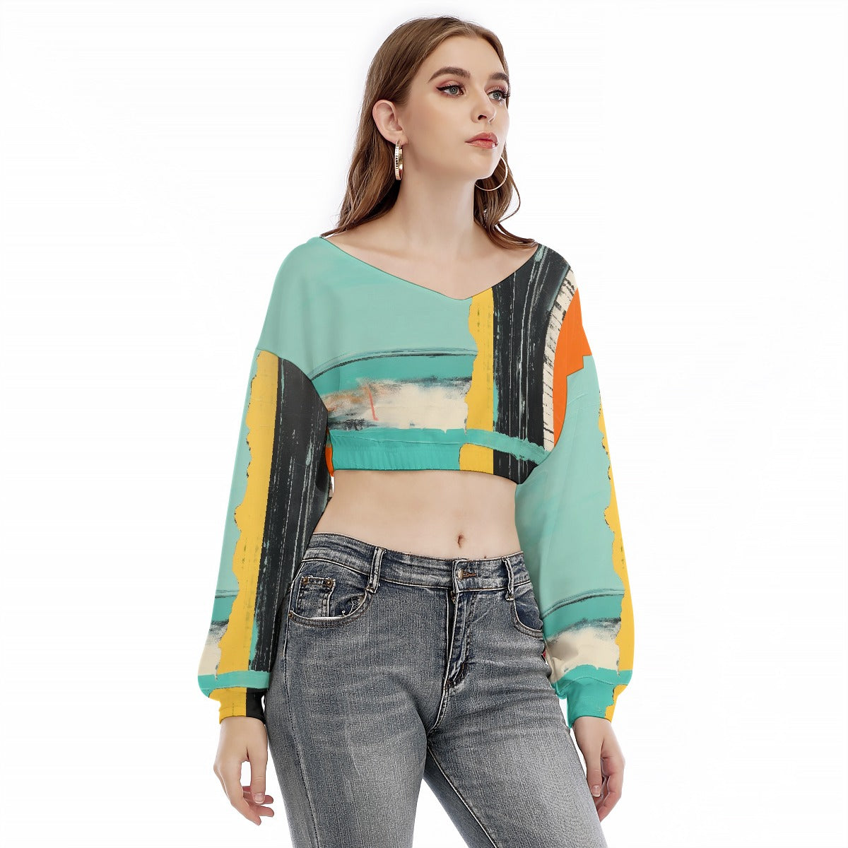 All-Over Print Women's V-neck Long Sleeve Cropped Sweatshirt