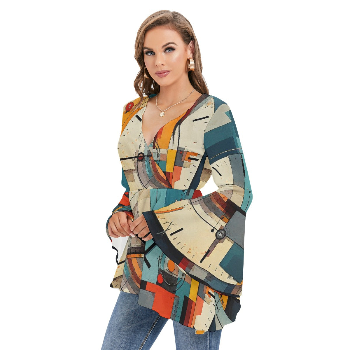 All-Over Print Women's V-neck Blouse With Flared Sleeves