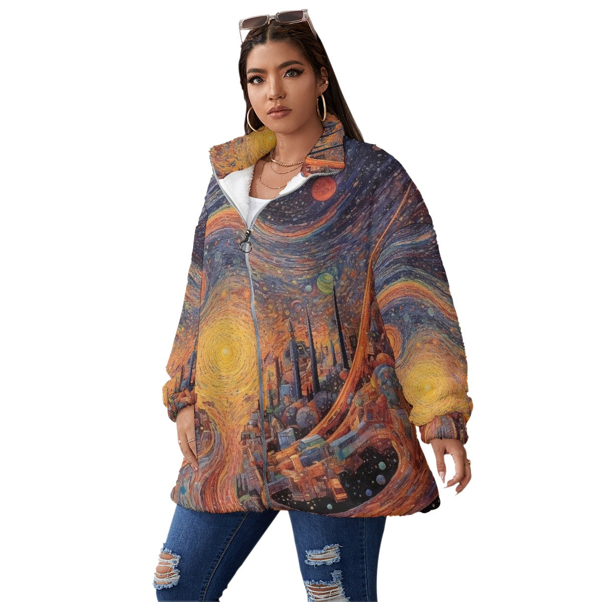 All-Over Print Unisex Borg Fleece Stand-up Collar Coat With Zipper Closure(Plus Size)