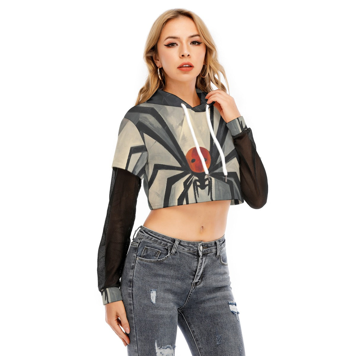 All-Over Print Women's Fake Two-piece Mesh Sleeve Cropped Hoodie