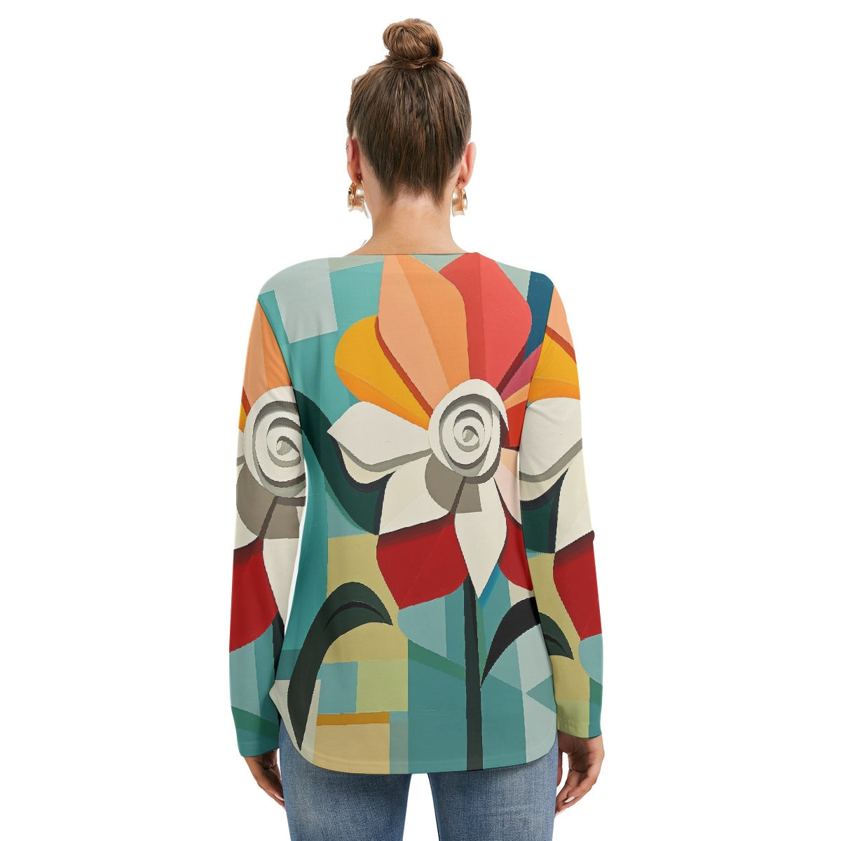 All-Over Print Women's Long Sleeve Neckline Tie Sweatshirt