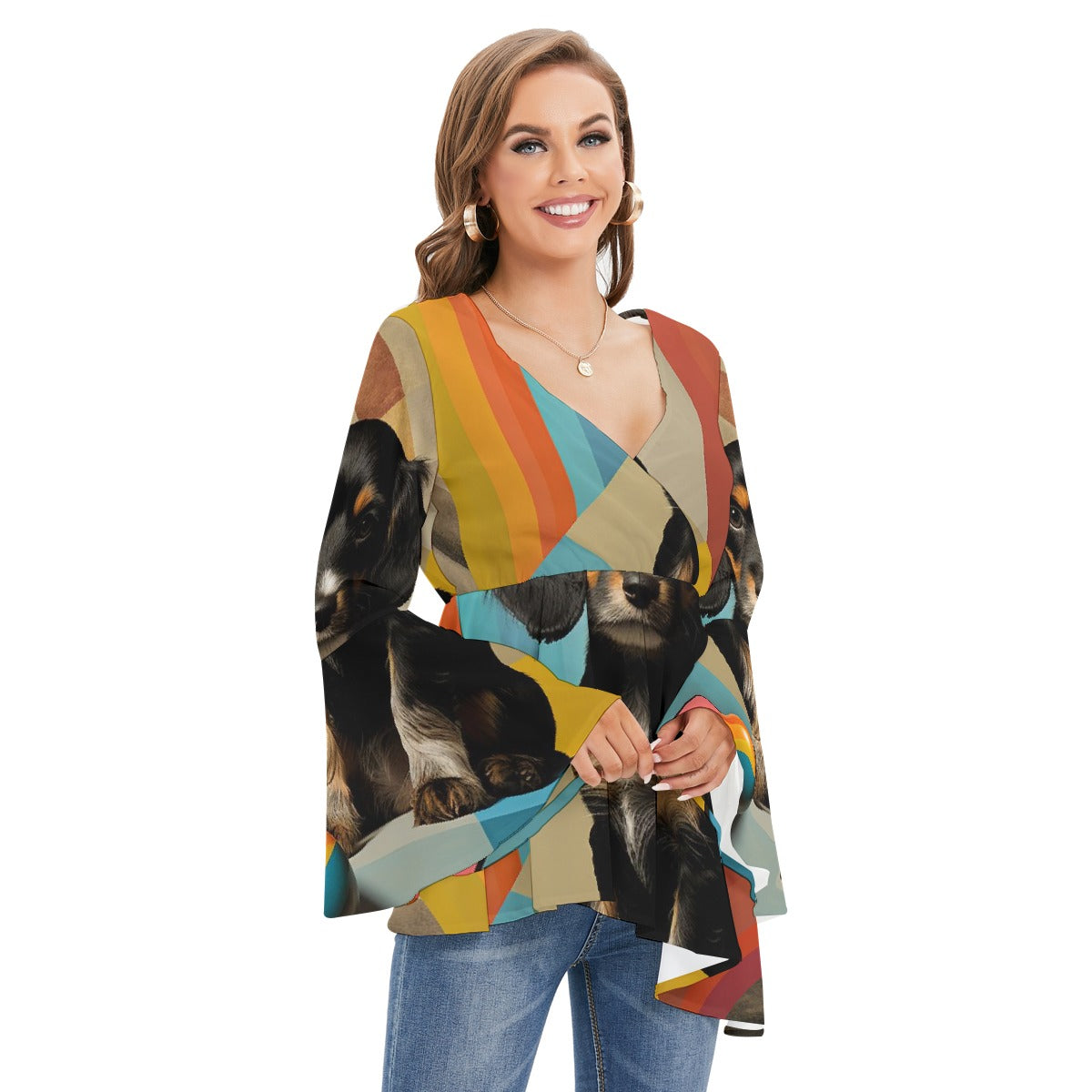 All-Over Print Women's V-neck Blouse With Flared Sleeves