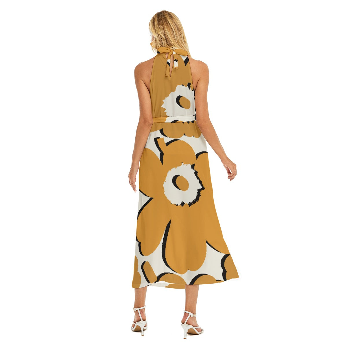 All-Over Print Women's Wrap Hem Belted Halter Dress