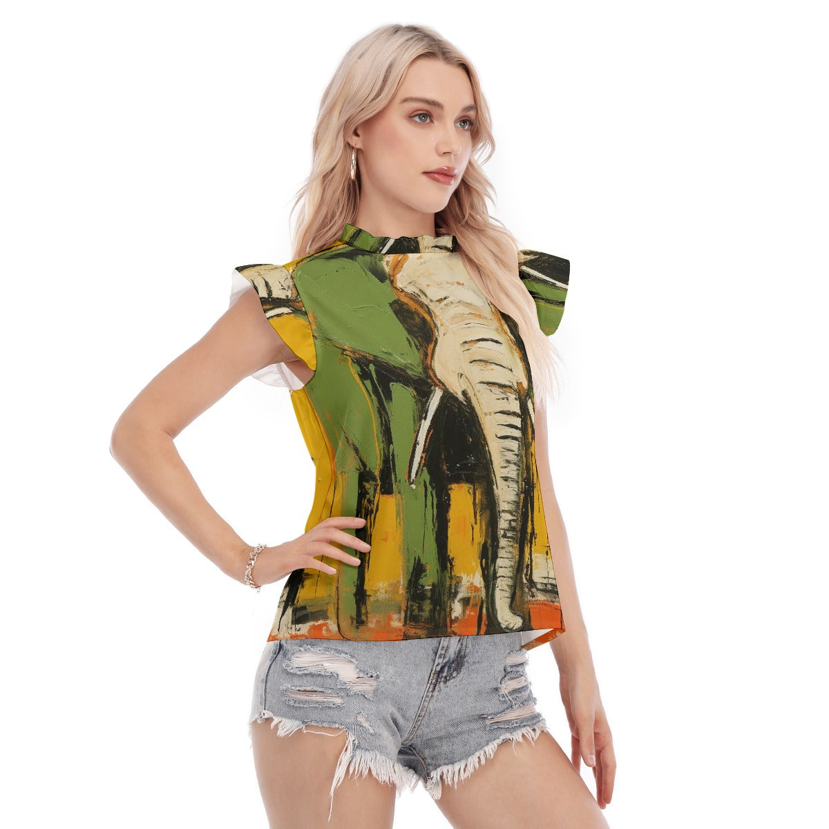 All-Over Print Women's Blouse With Ruffle Collar And Sleeve