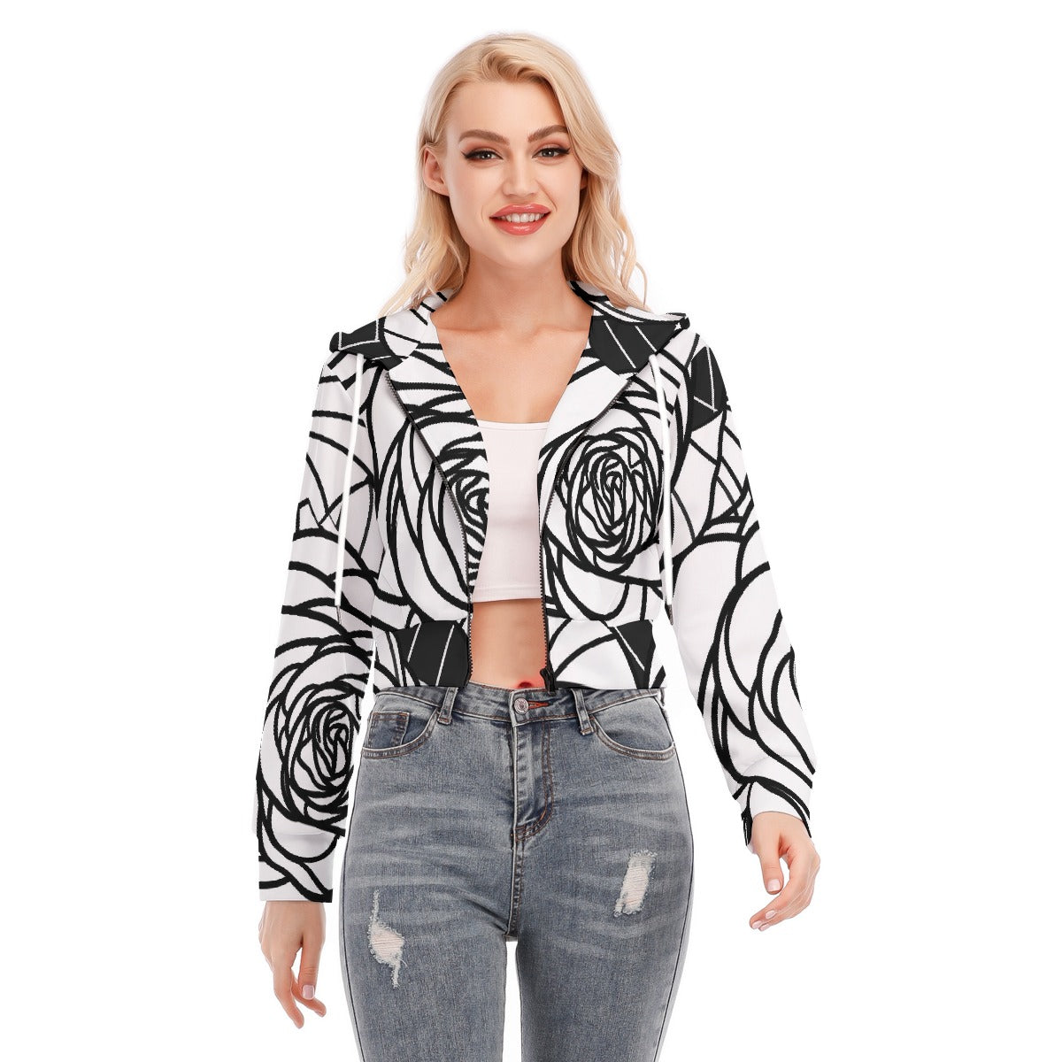 All-Over Print Women's Crop Top Hoodie With Zipper Closure