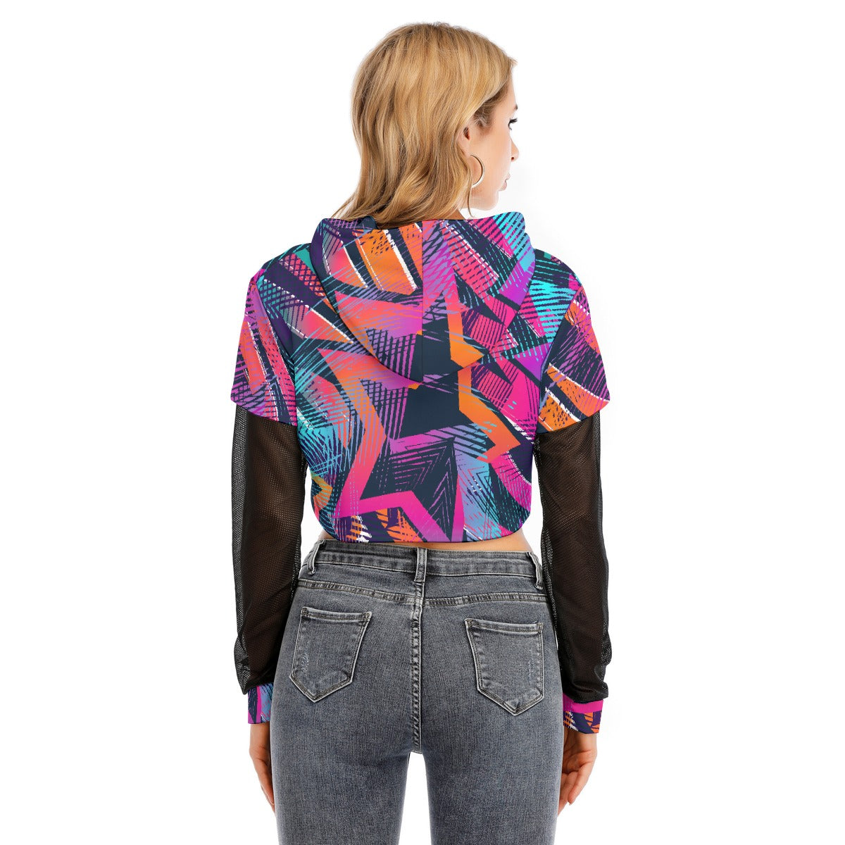 All-Over Print Women's Fake Two-piece Mesh Sleeve Cropped Hoodie