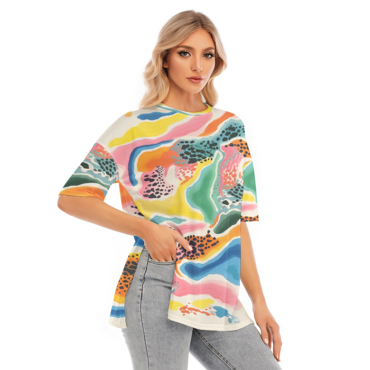 All-Over Print Women's Short Sleeves T-shirt With Hem Split