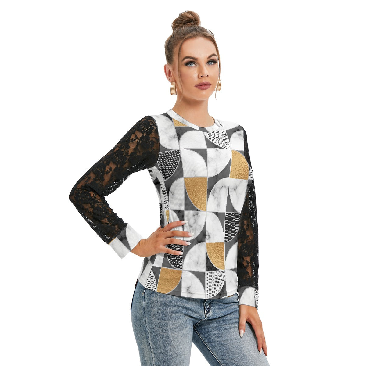 All-Over Print Women's T-shirt And Sleeve With Black Lace