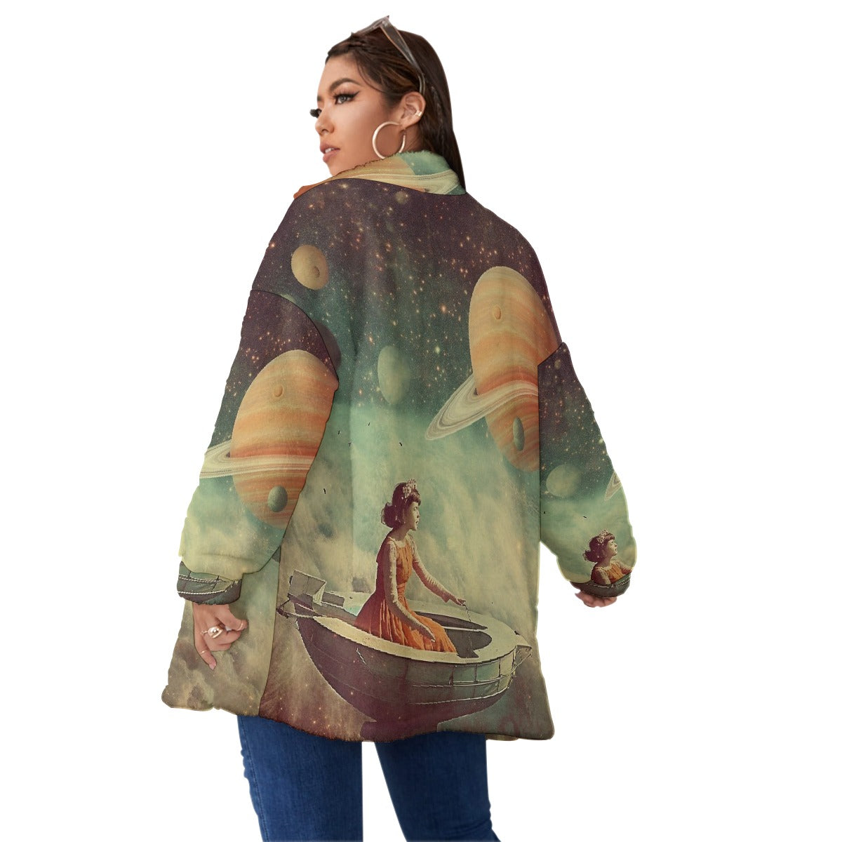 All-Over Print Unisex Borg Fleece Stand-up Collar Coat With Zipper Closure(Plus Size)
