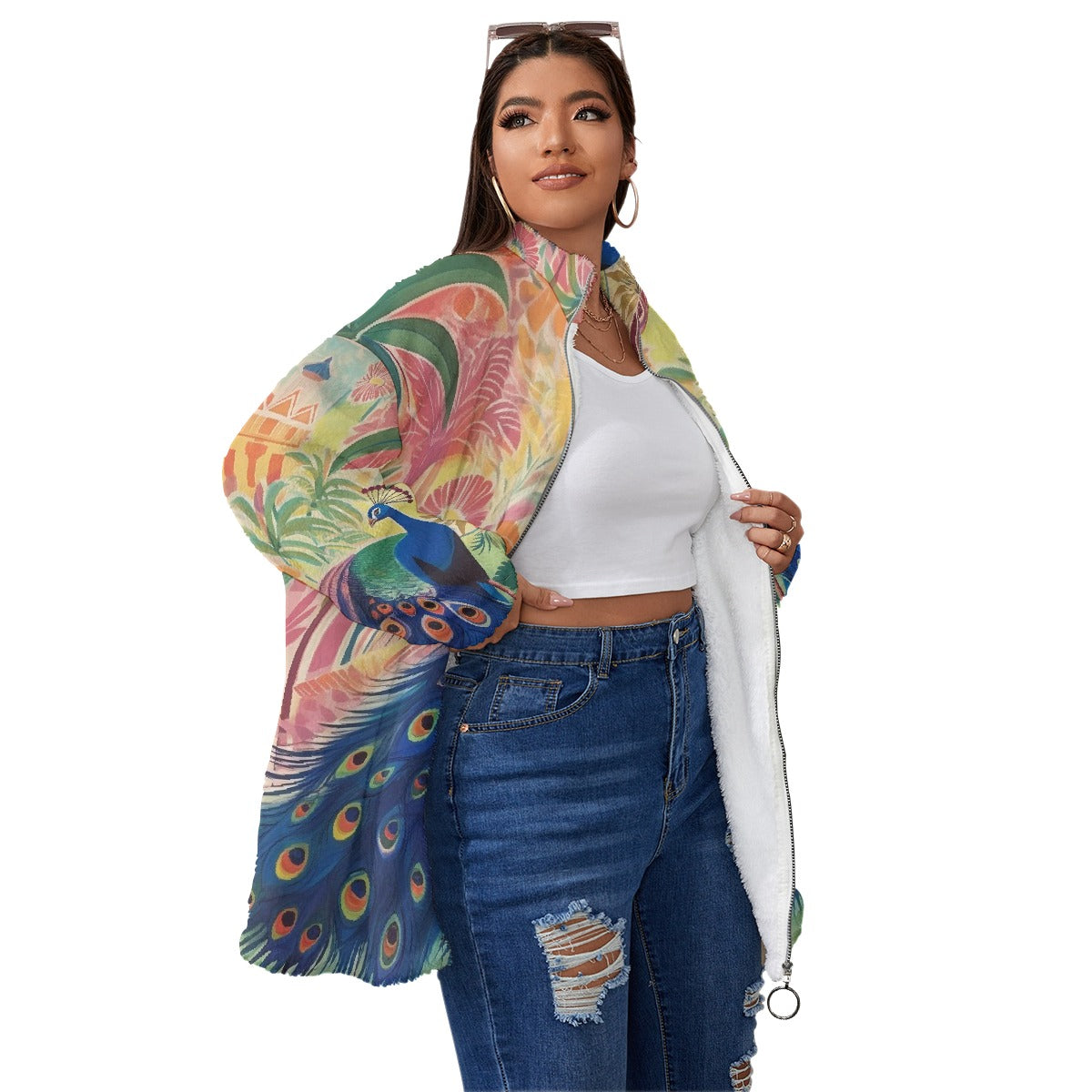 All-Over Print Unisex Borg Fleece Stand-up Collar Coat With Zipper Closure(Plus Size)