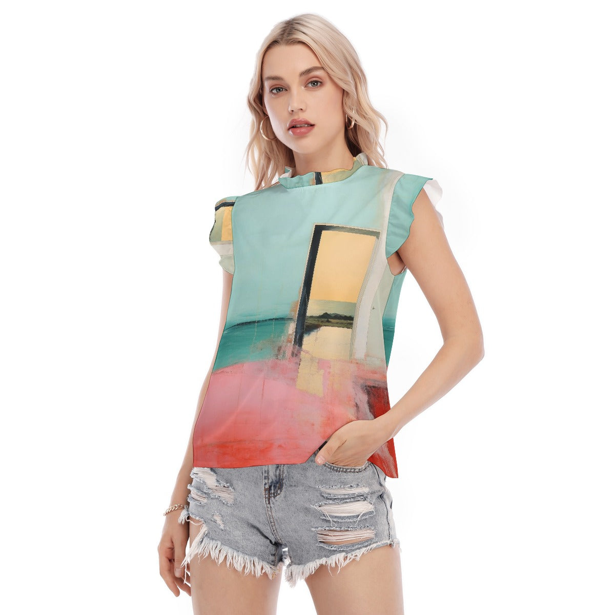 All-Over Print Women's Blouse With Ruffle Collar And Sleeve