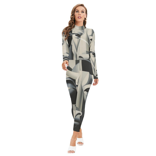 All-Over Print Women's Long-sleeved High-neck Jumpsuit With Zipper