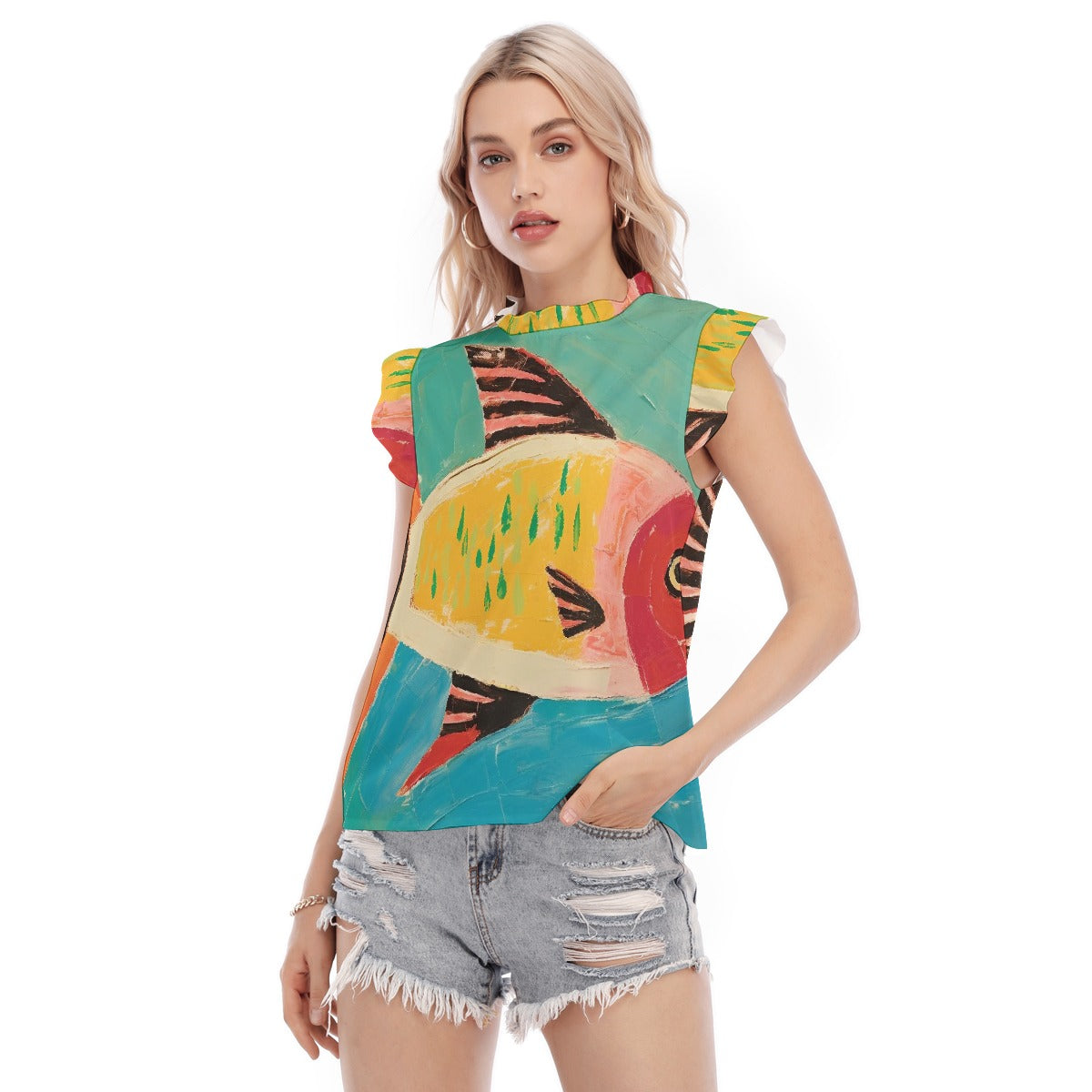 All-Over Print Women's Blouse With Ruffle Collar And Sleeve