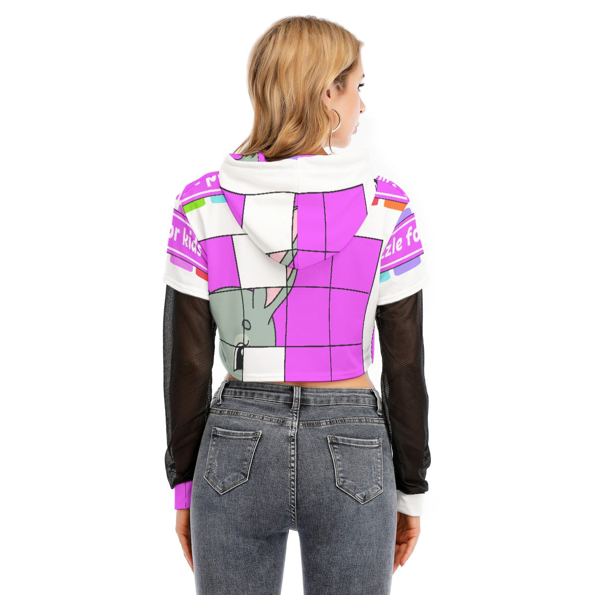 All-Over Print Women's Fake Two-piece Mesh Sleeve Cropped Hoodie