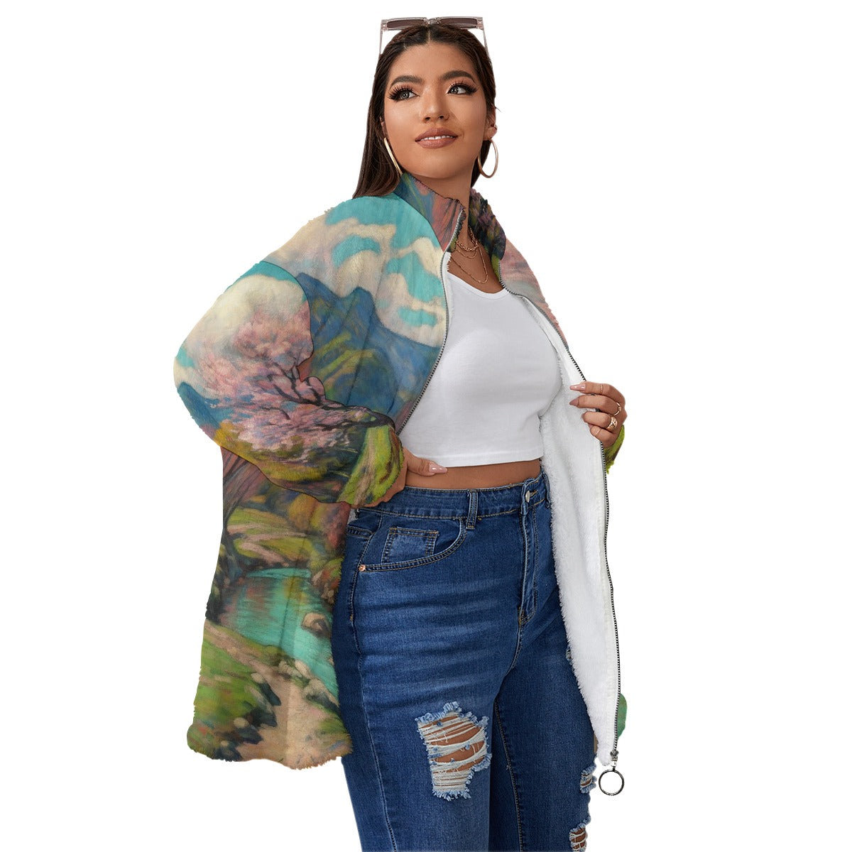 All-Over Print Unisex Borg Fleece Stand-up Collar Coat With Zipper Closure(Plus Size)