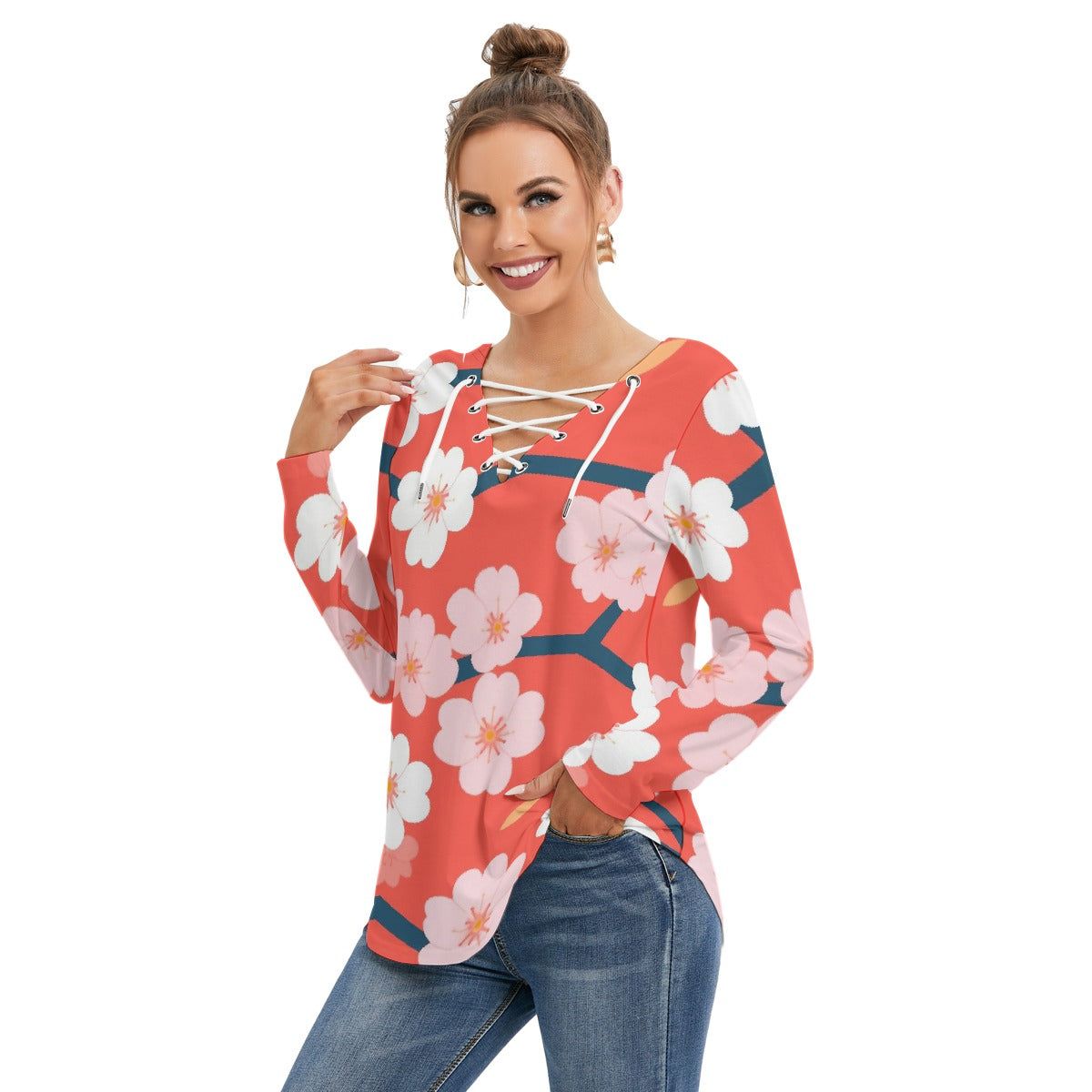 All-Over Print Women's Long Sleeve Neckline Tie Sweatshirt