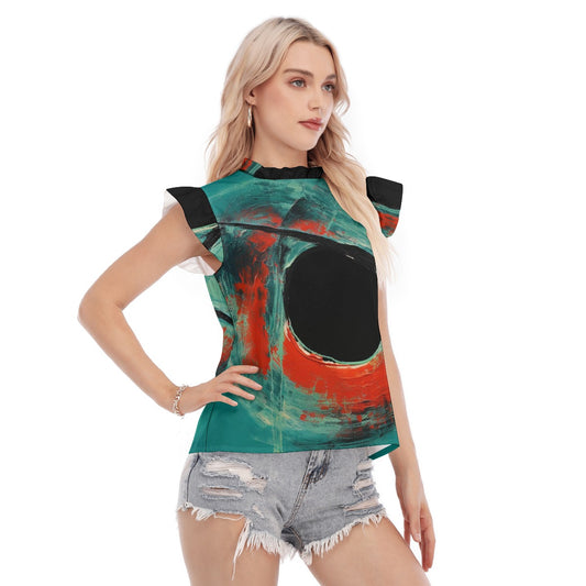 All-Over Print Women's Blouse With Ruffle Collar And Sleeve