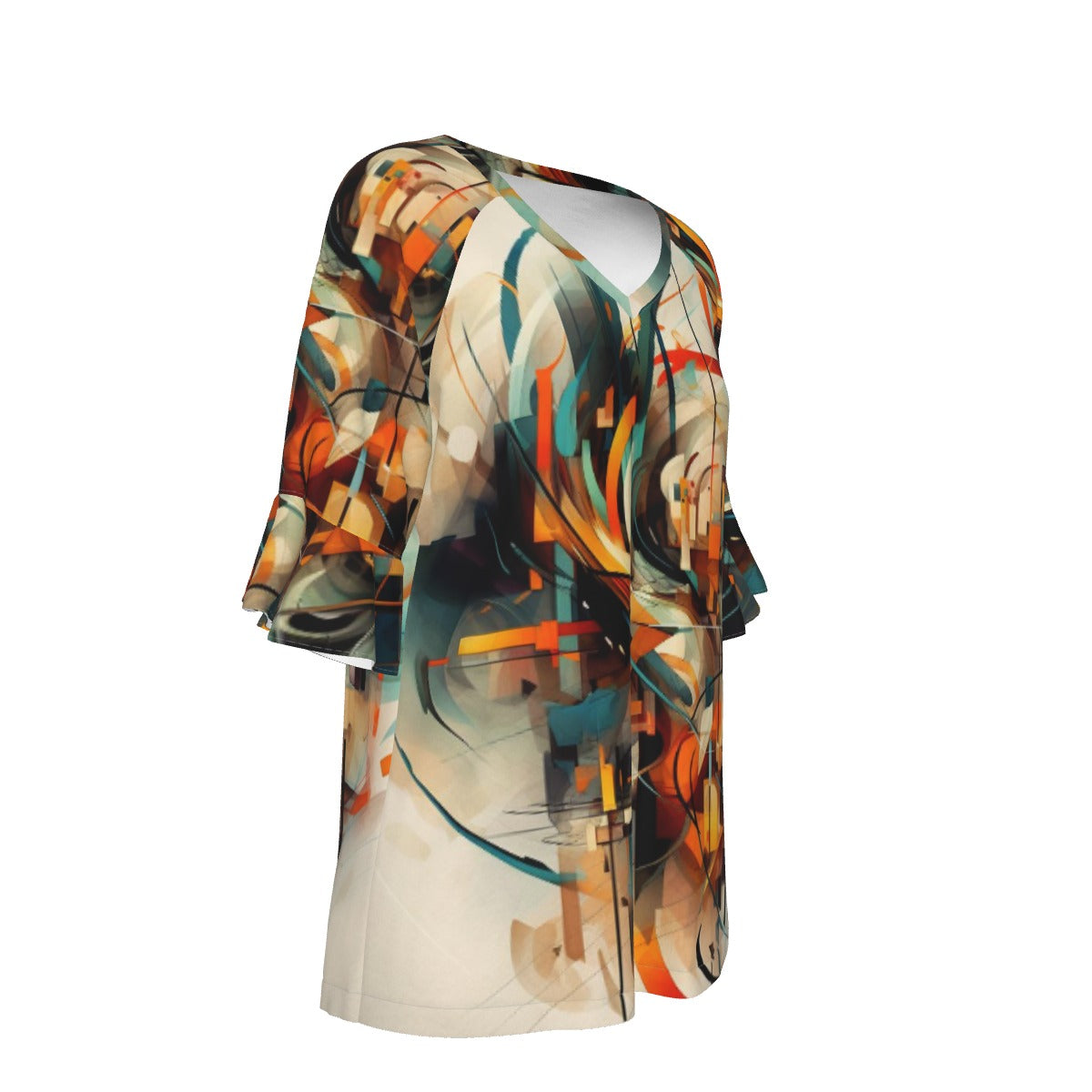 All-Over Print V-neck Women's T-shirt With Bell Sleeve