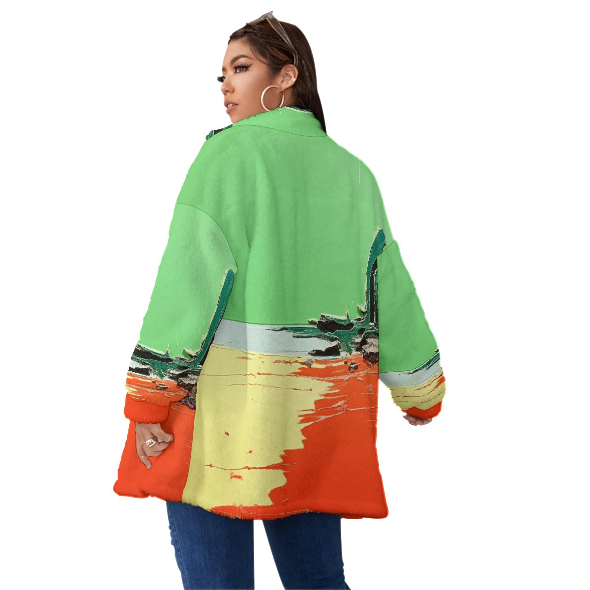 All-Over Print Unisex Borg Fleece Stand-up Collar Coat With Zipper Closure(Plus Size)