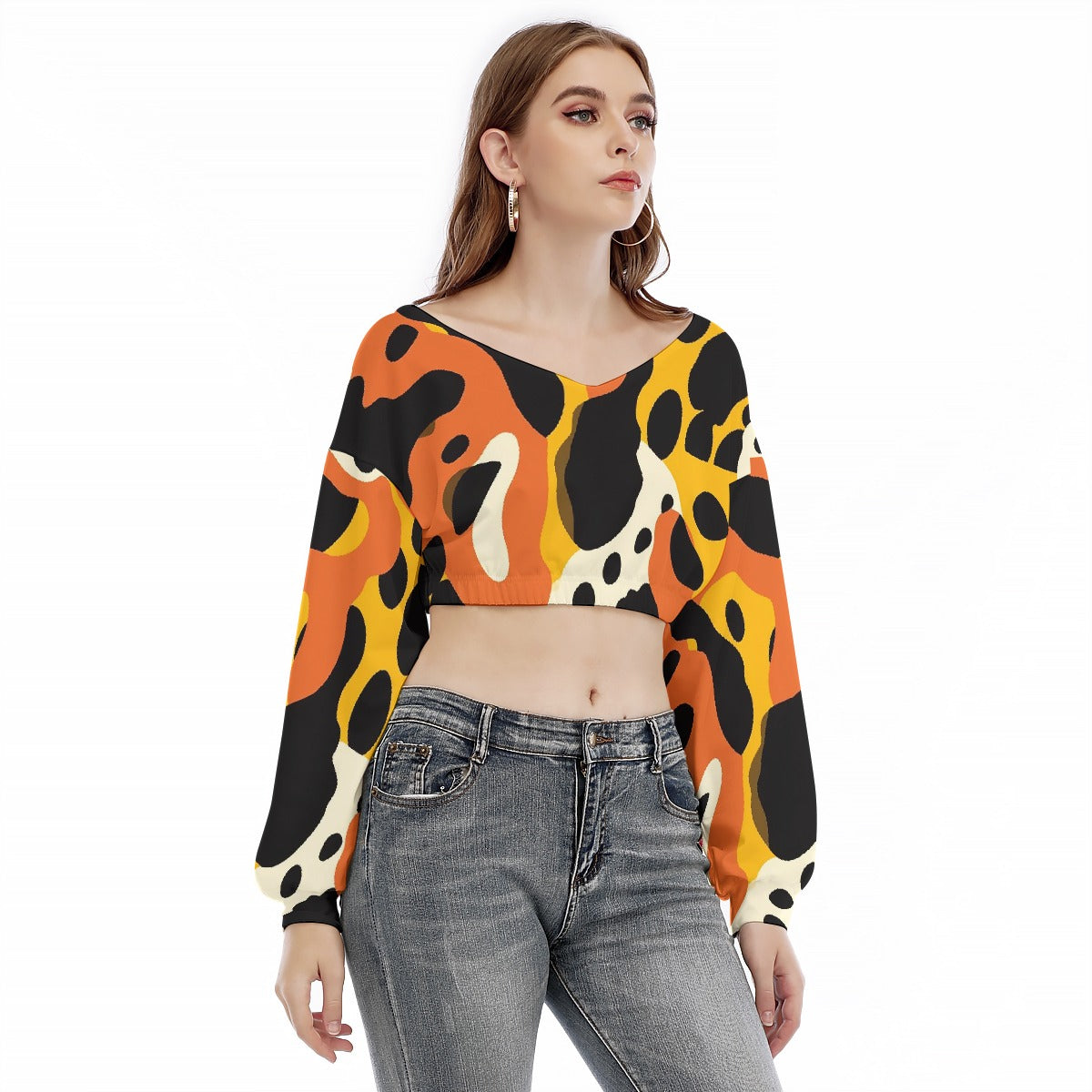 All-Over Print Women's V-neck Long Sleeve Cropped Sweatshirt