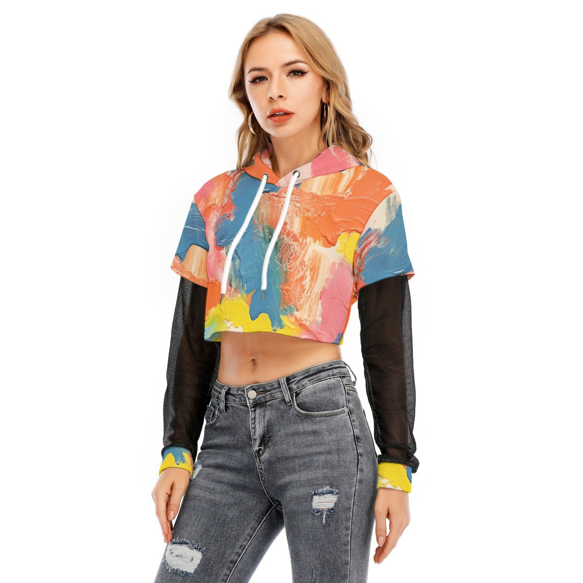 All-Over Print Women's Fake Two-piece Mesh Sleeve Cropped Hoodie