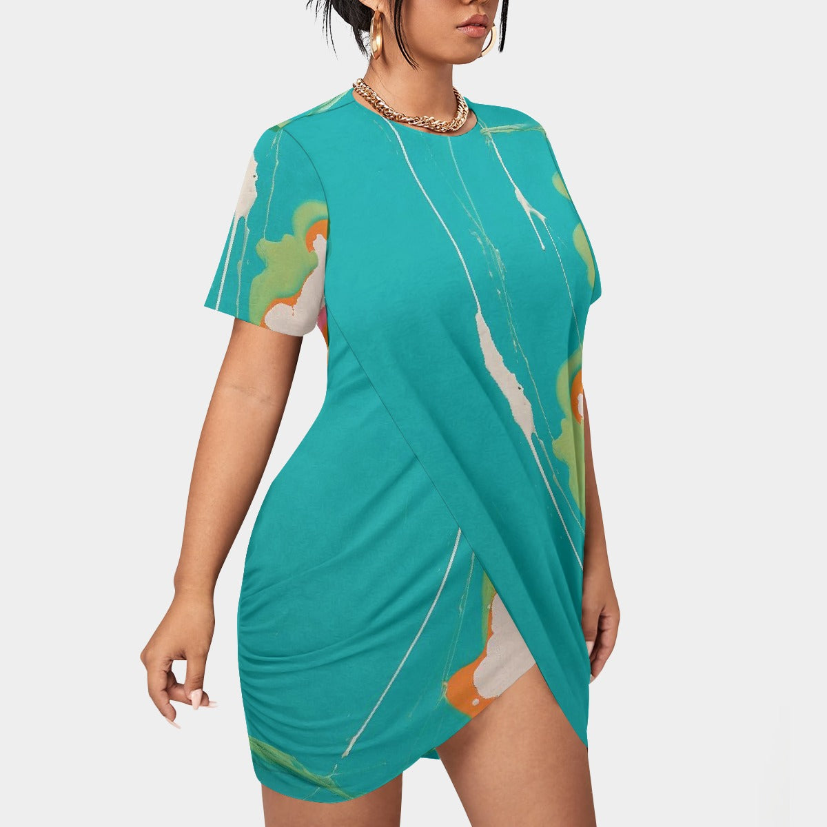 All-Over Print Women’s Stacked Hem Dress With Short Sleeve（Plus Size）