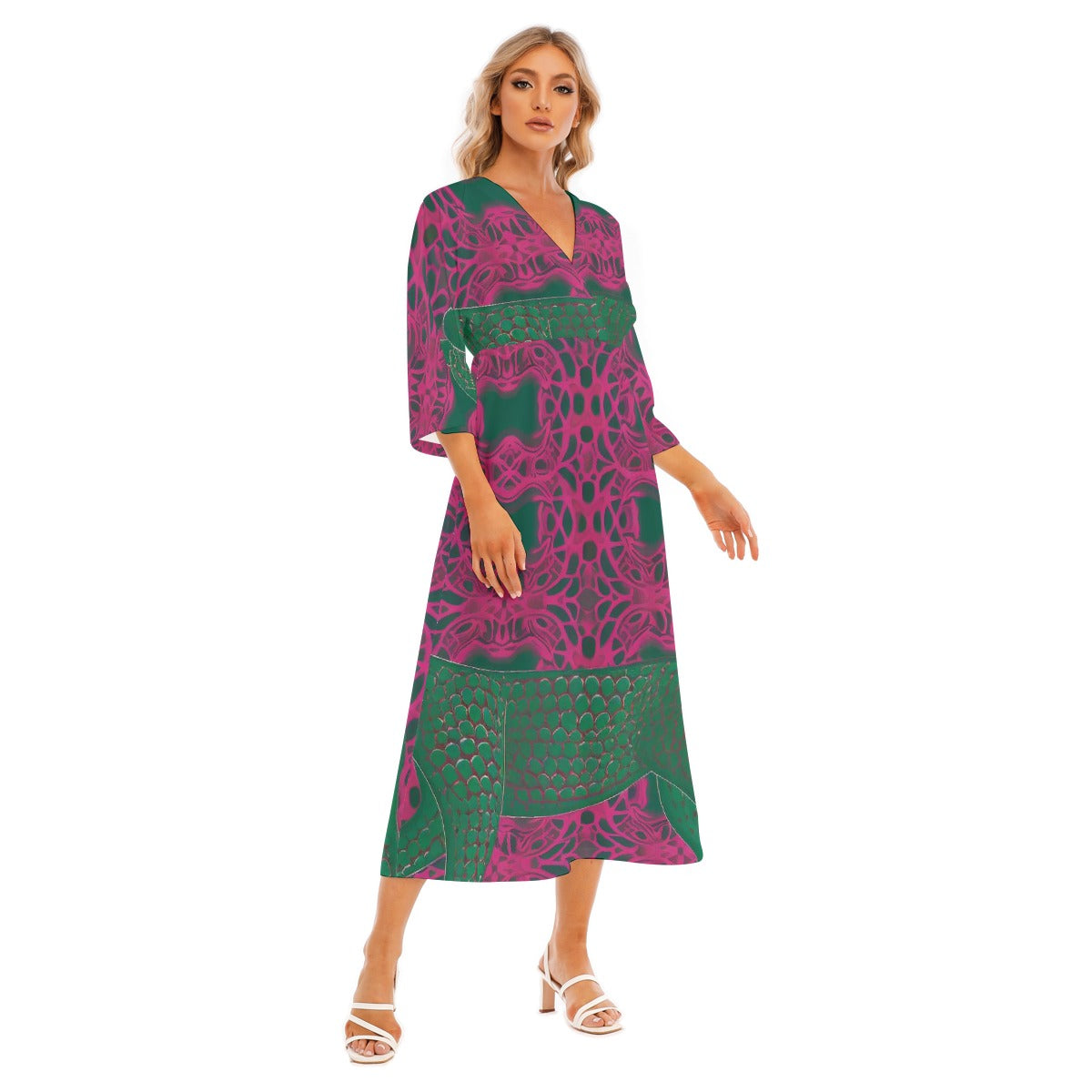 All-Over Print Women's Mid-Sleeve Long Dress