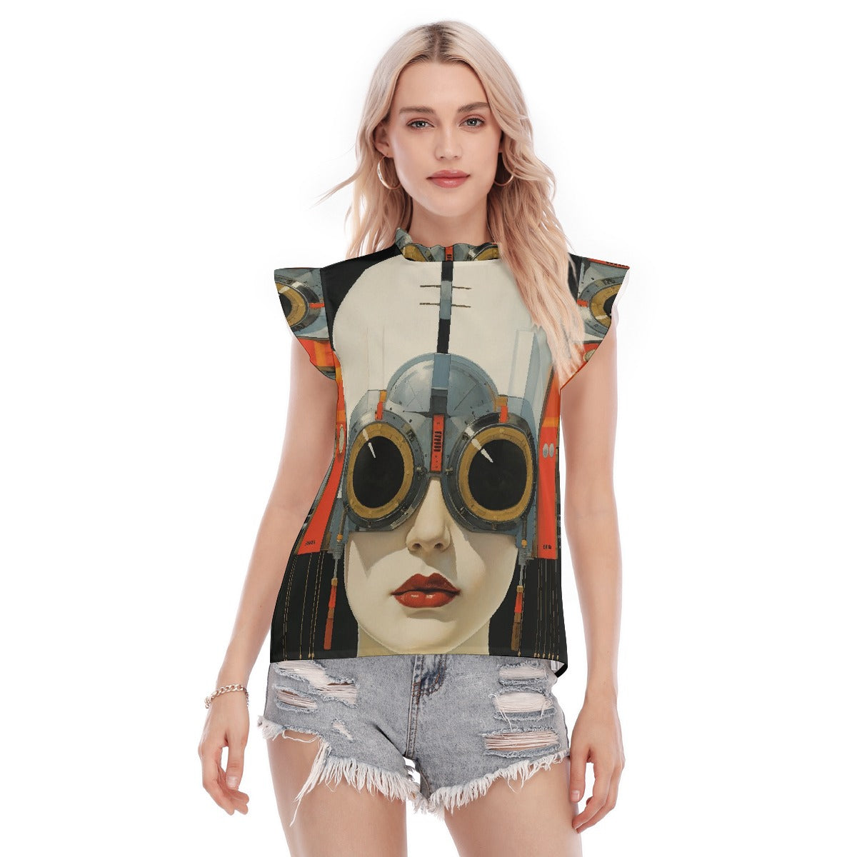 All-Over Print Women's Blouse With Ruffle Collar And Sleeve